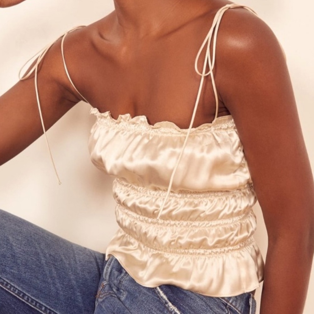 REFORMATION | Silk Gold Square Neck Smocked Top
